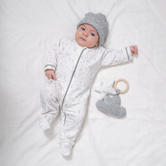 Cesto recién nacido mameluco estrellas gris