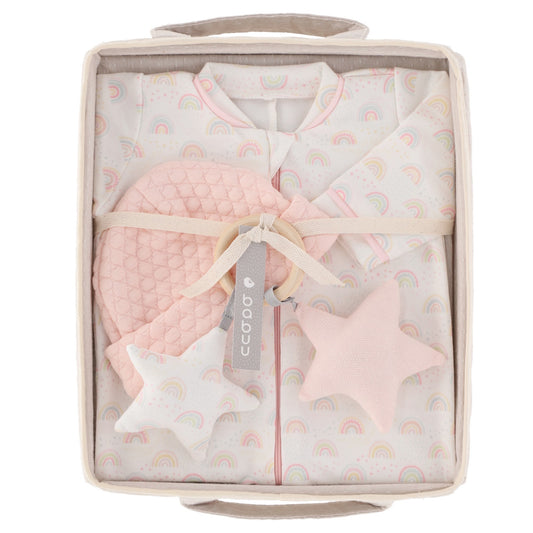 Cesto recién nacido mameluco arcoíris rosa.