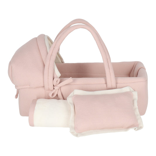 Moises muñeca rosa cuadritos con cobija