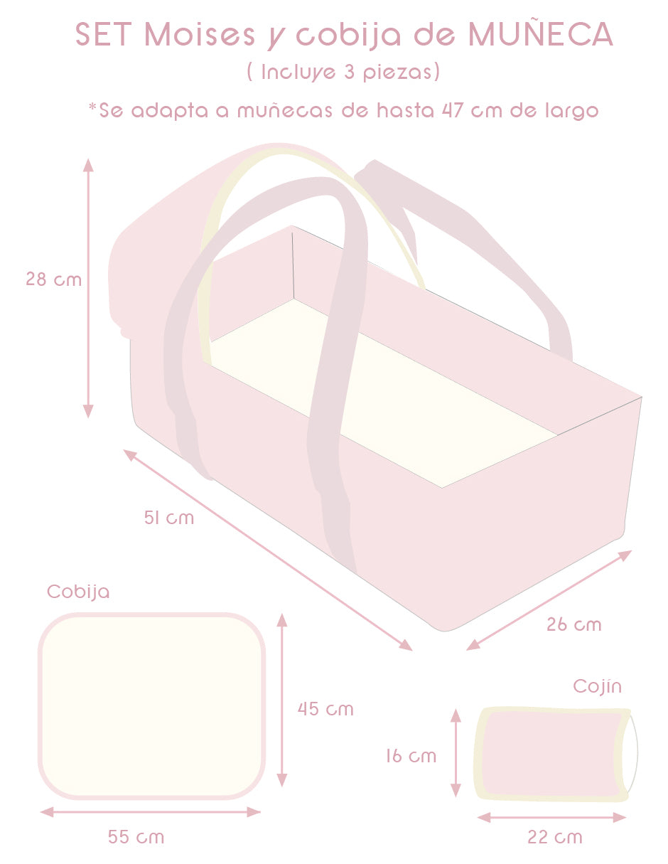 Moises muñeca rosa cuadritos con cobija